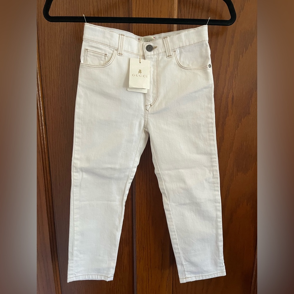 Gucci Kids Embroidered Tiger Jeans White Denim